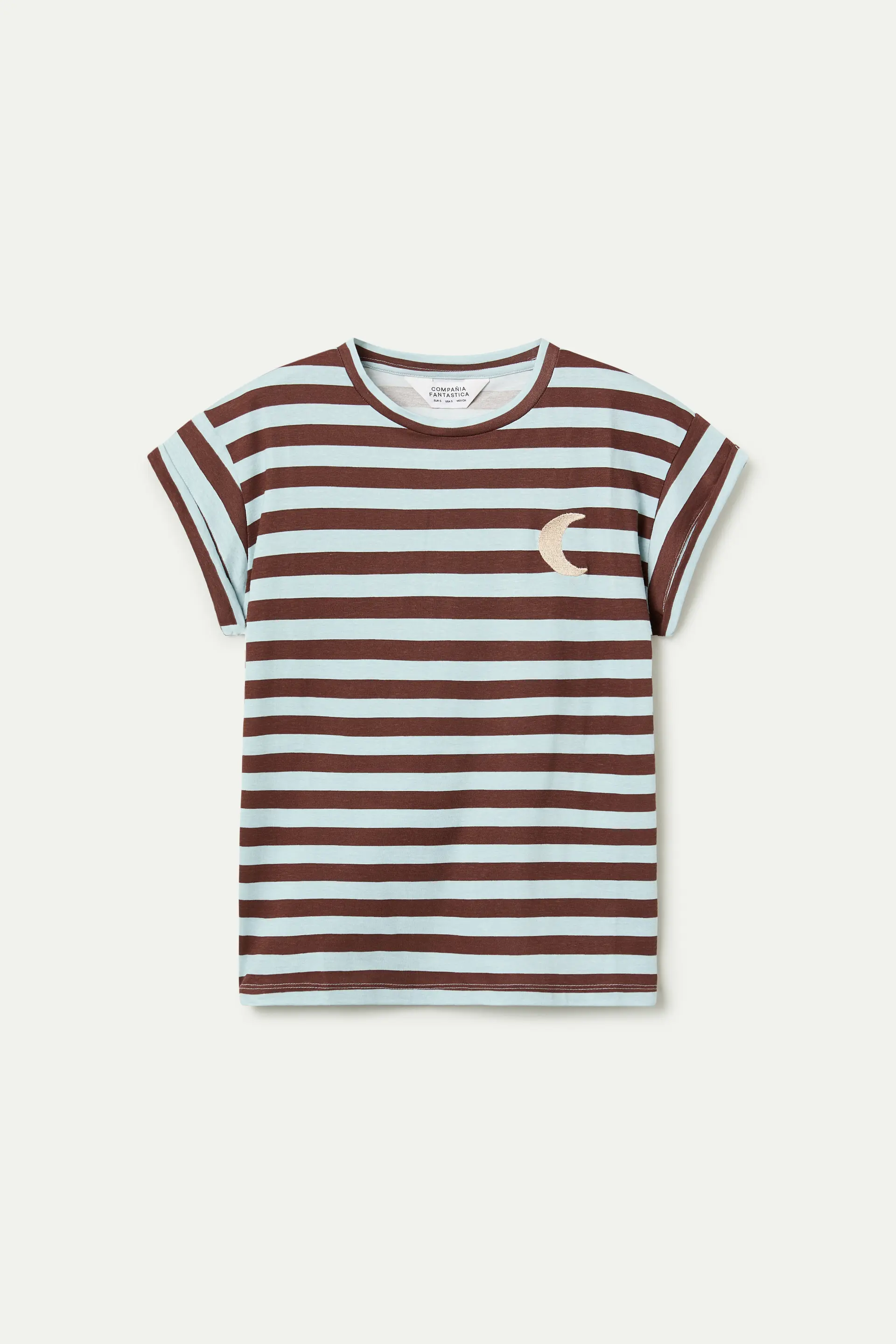 Camiseta 100% algodón con estampado de rayas marrón y bordado de luna - Image 2