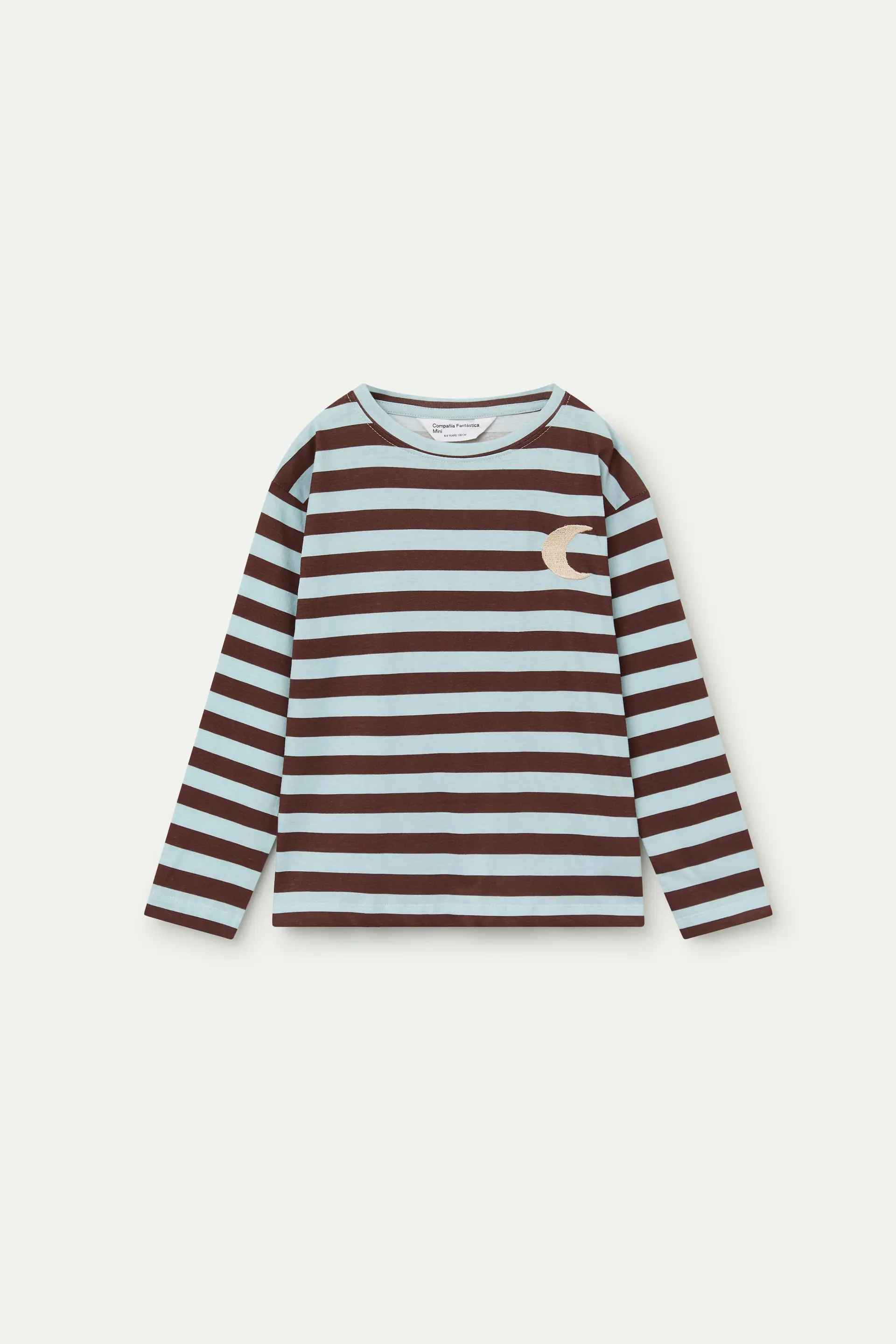 Camiseta de niña de rayas azul y marrón con detalle de media luna - Image 2