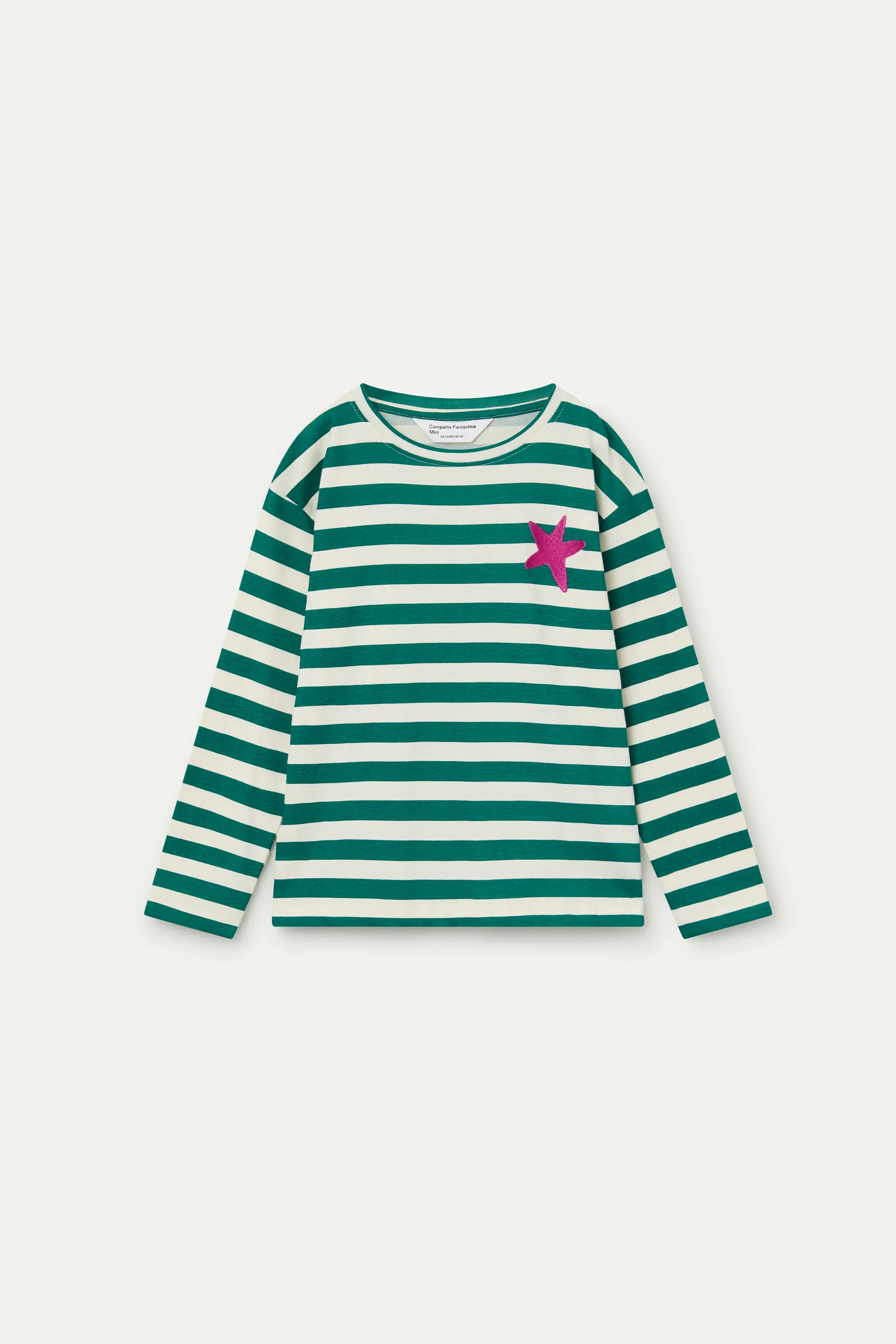 Camiseta de niña de rayas blancas y verdes con estrella rosa bordada - Image 2