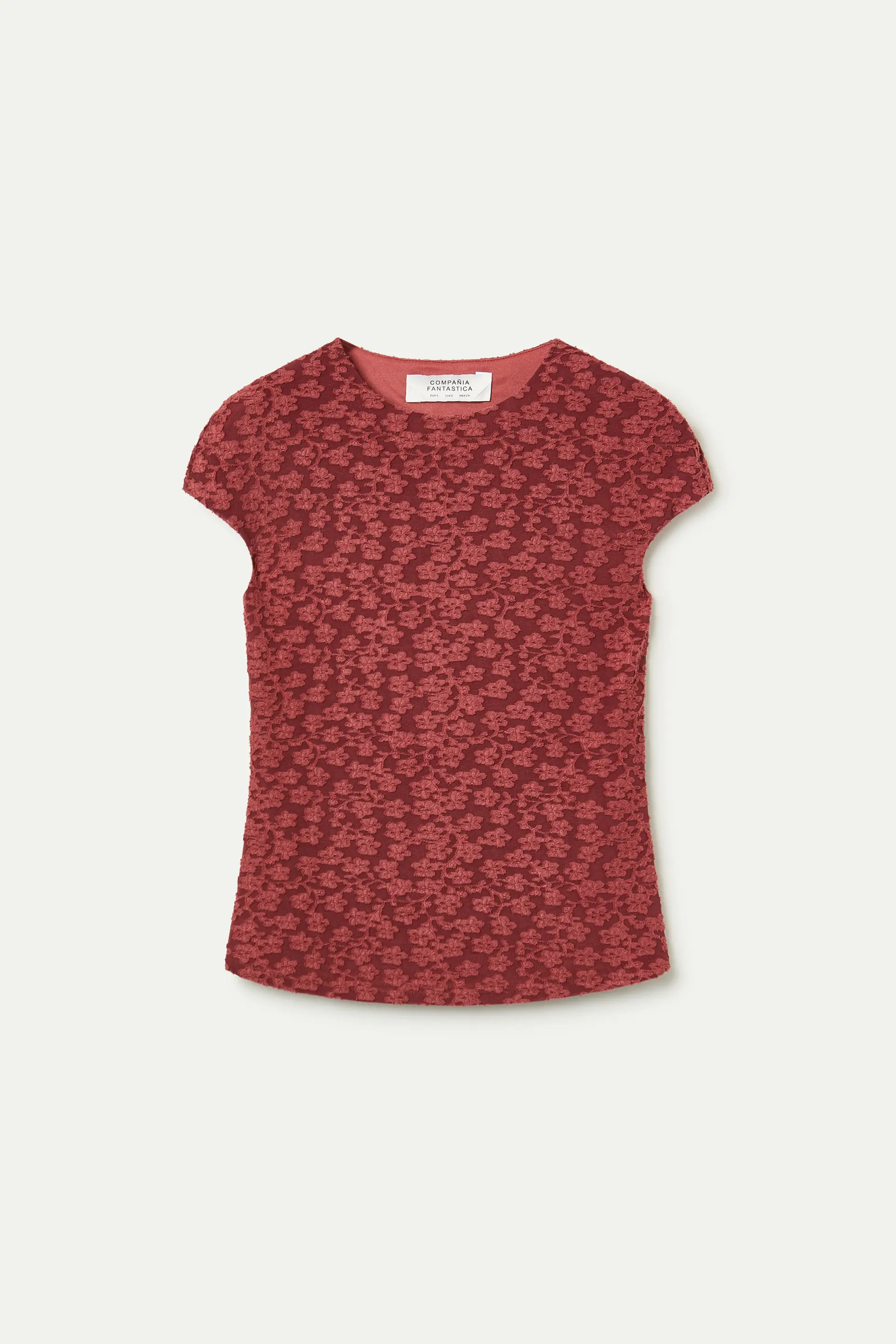 Camiseta manga corta con encaje floral marrón - Image 2
