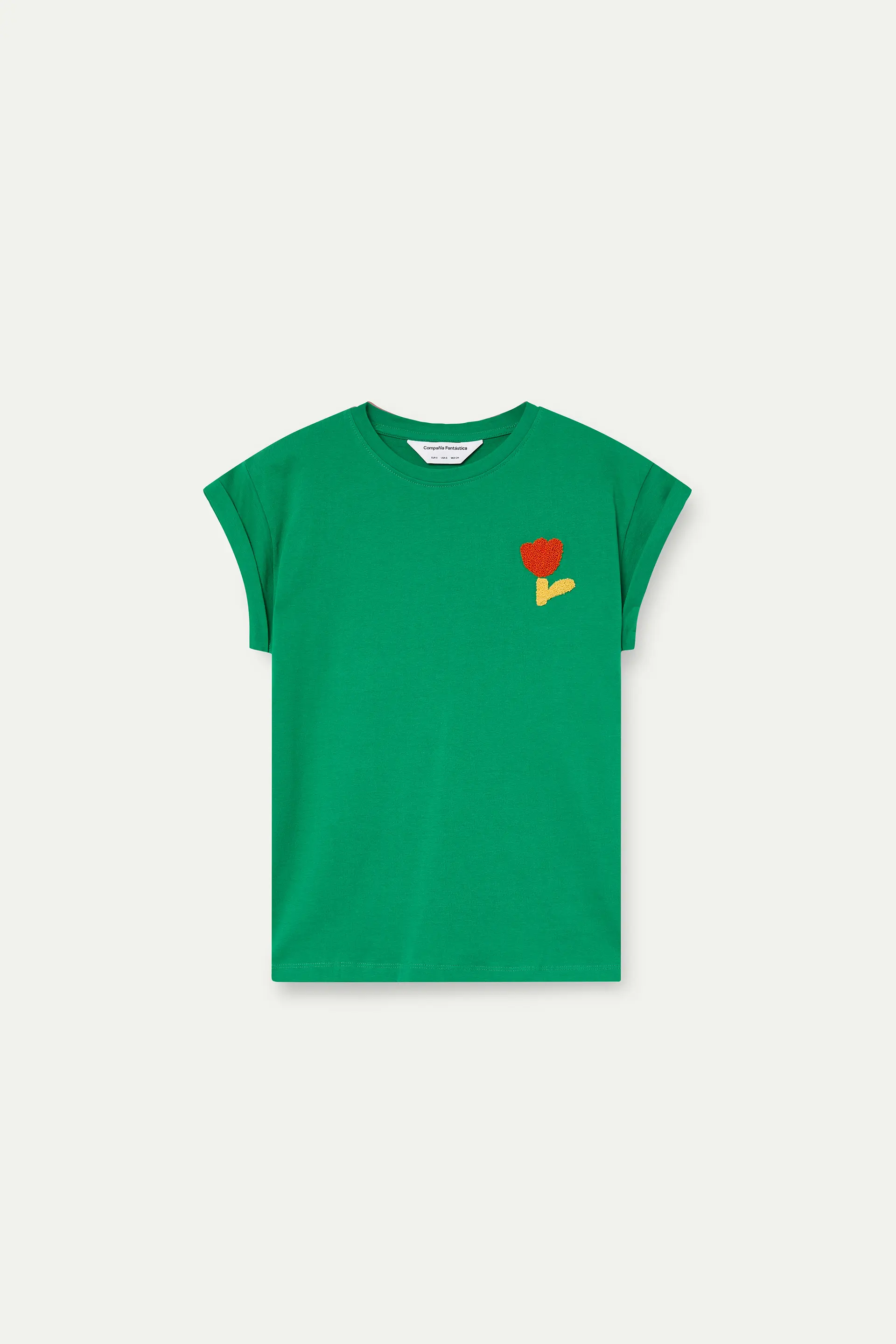 Camiseta verde con bordado de tulipán rojo - Image 2