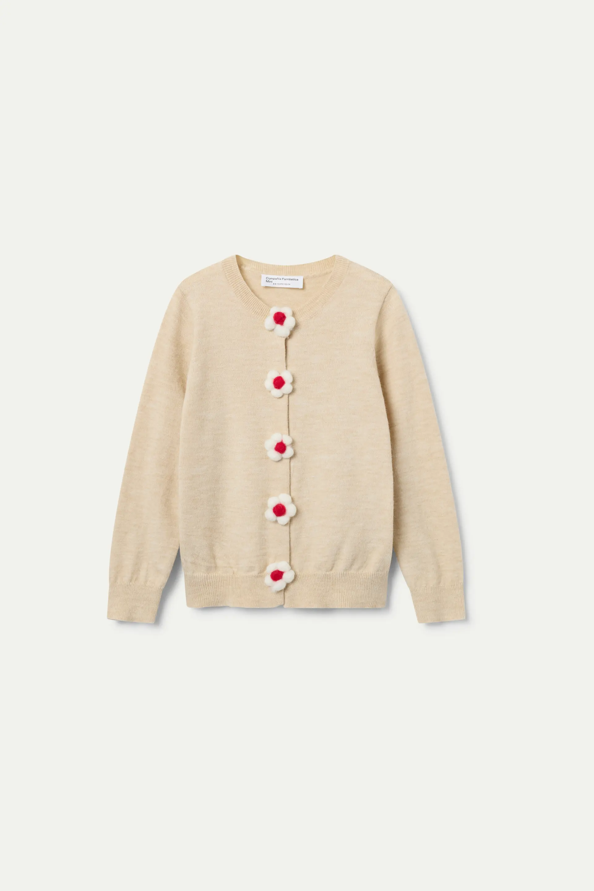 Cardigan beige de punto con botones en forma de flor. - Image 2