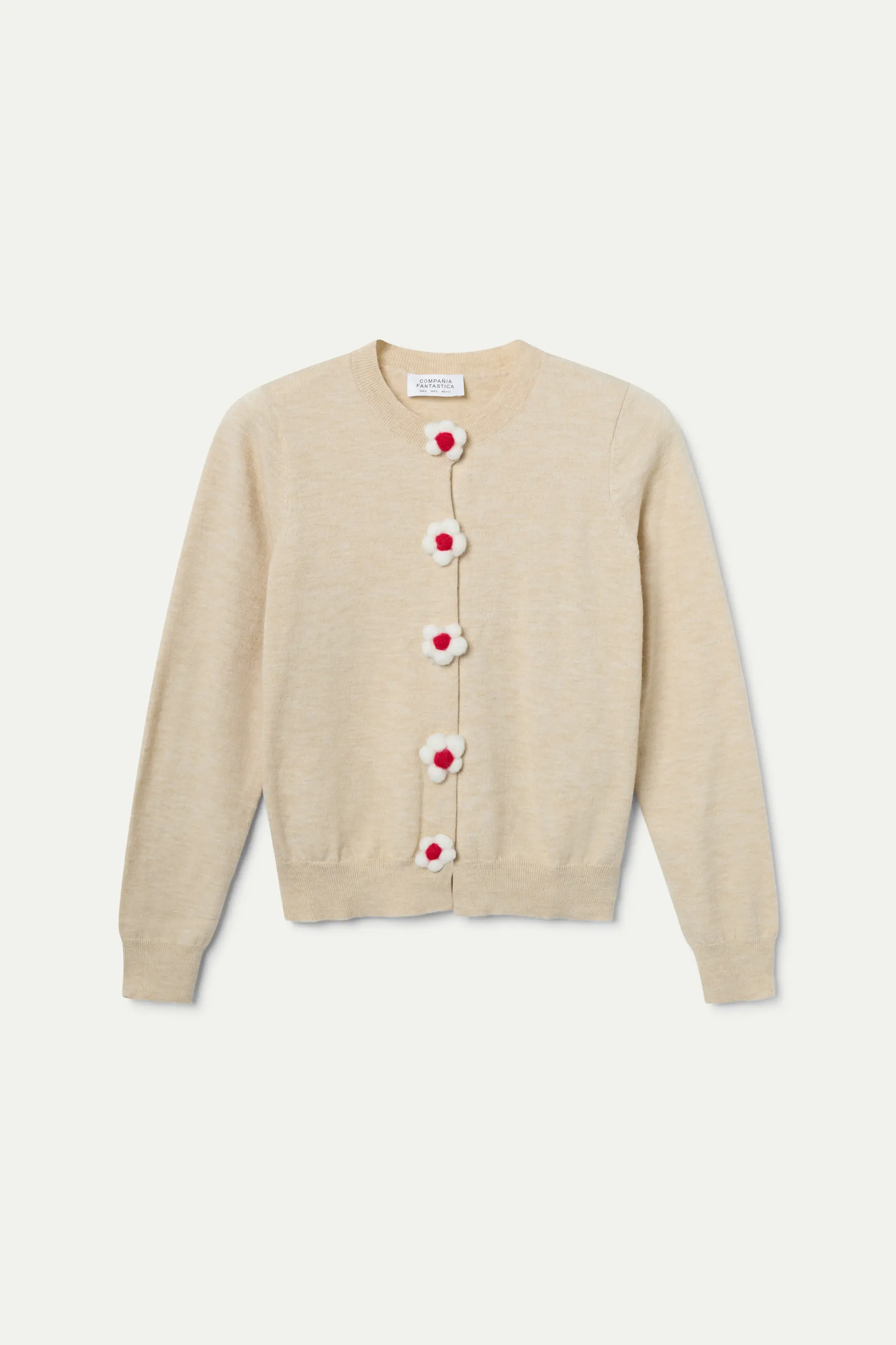 Cárdigan punto fino con detalle floral beige - Image 2