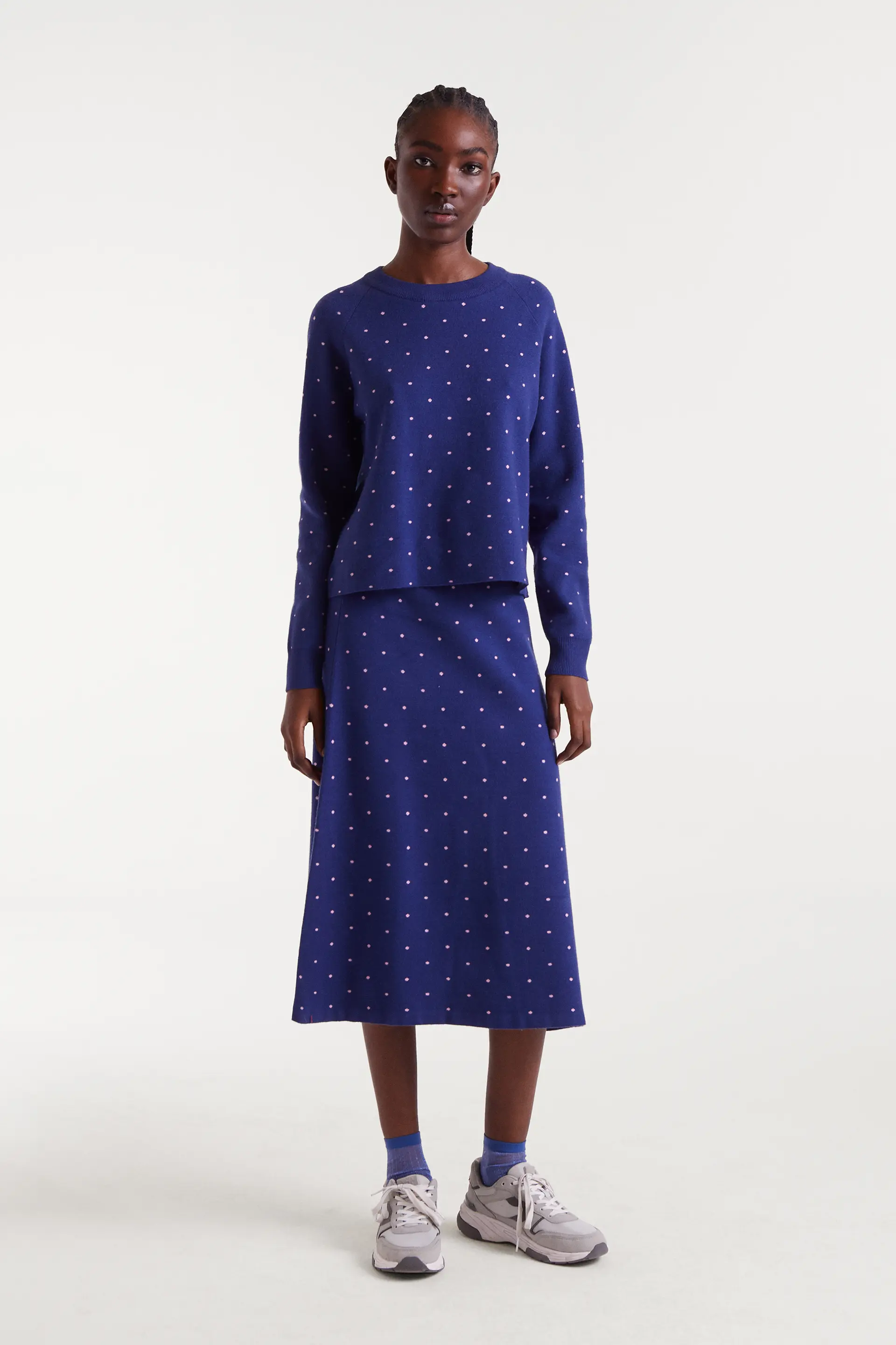 Falda midi punto jacquard estampado topos mini navy blue y rosa - Image 5