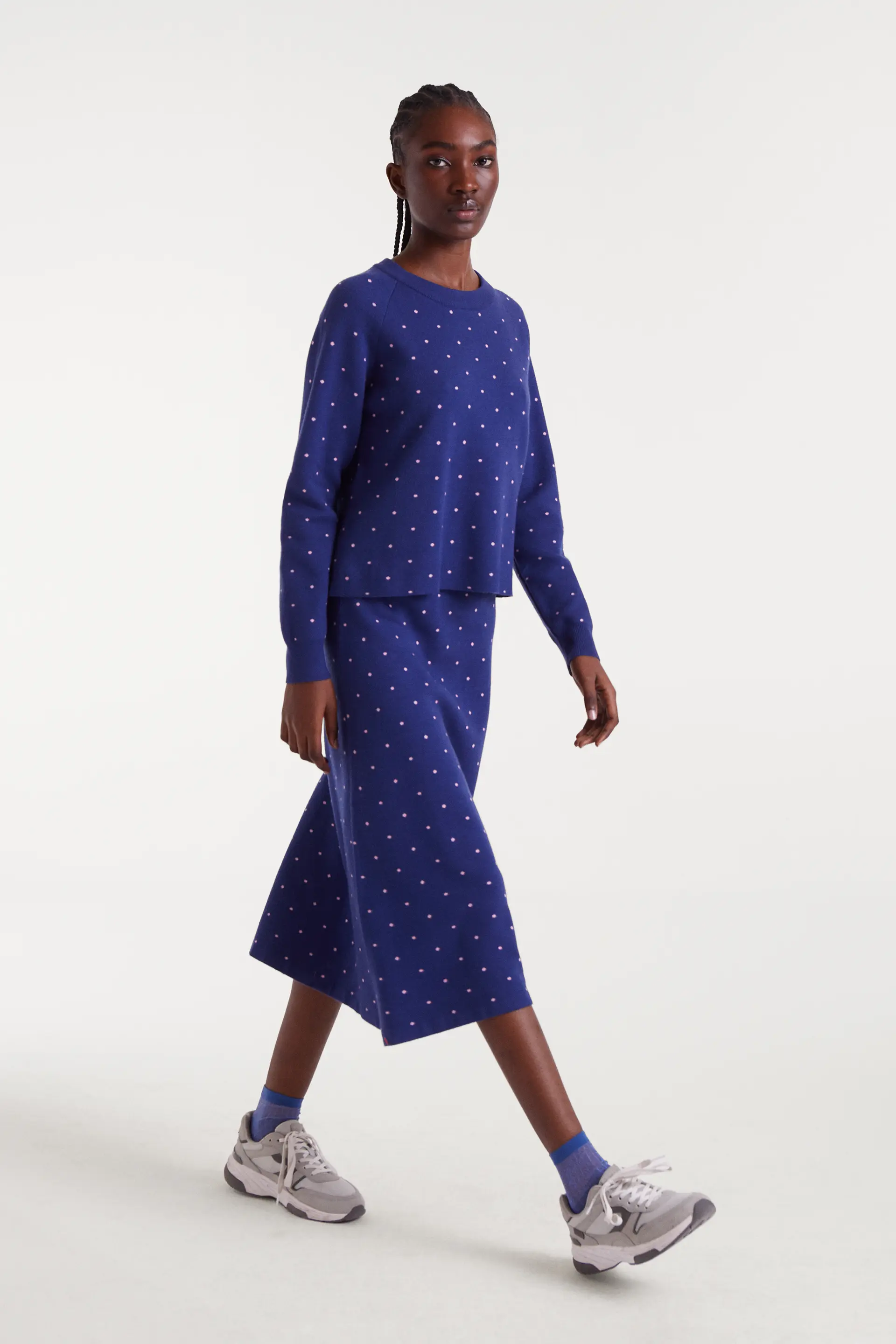 Falda midi punto jacquard estampado topos mini navy blue y rosa - Image 6