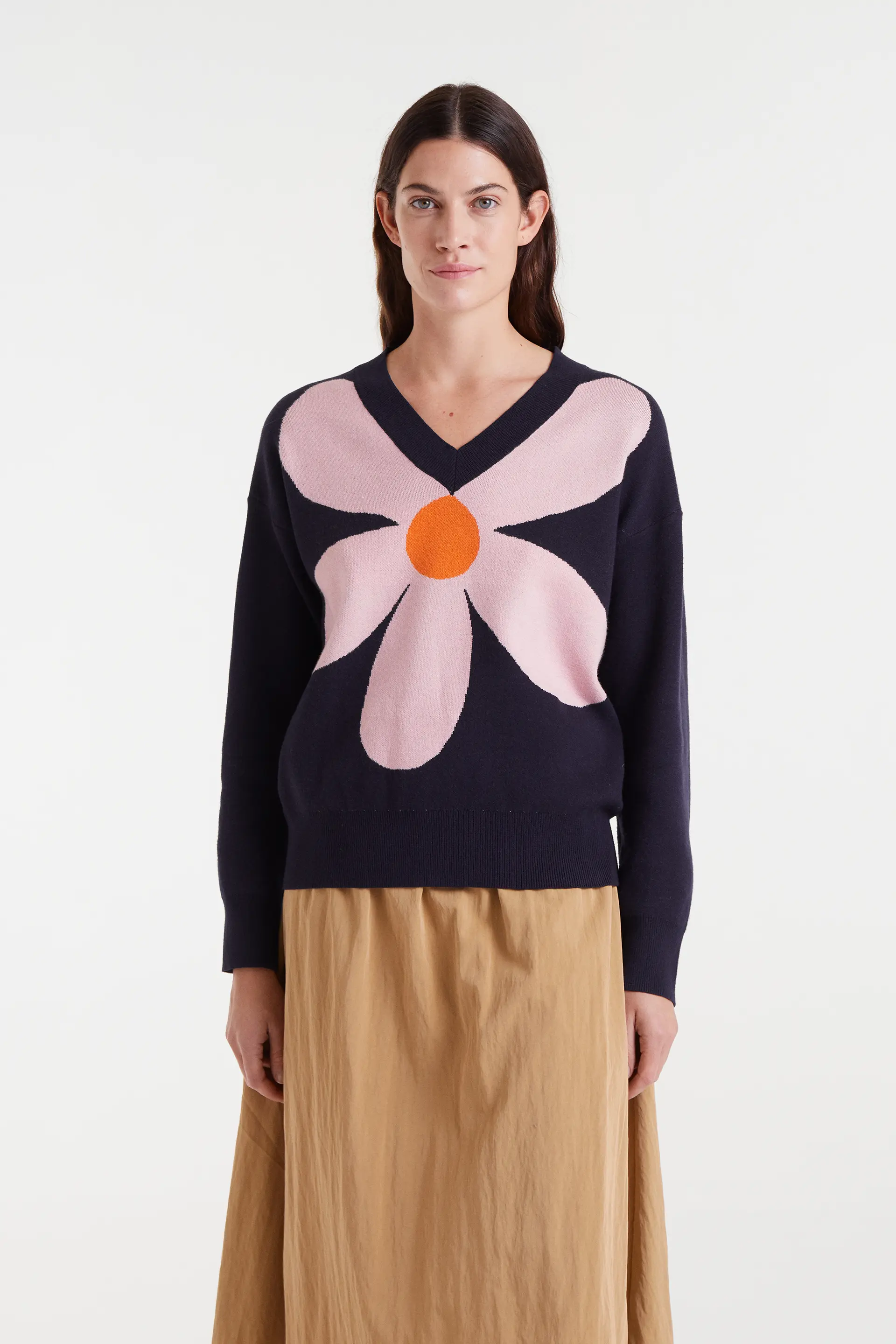 Jersey de punto jacquard con estampado big navy blue flower