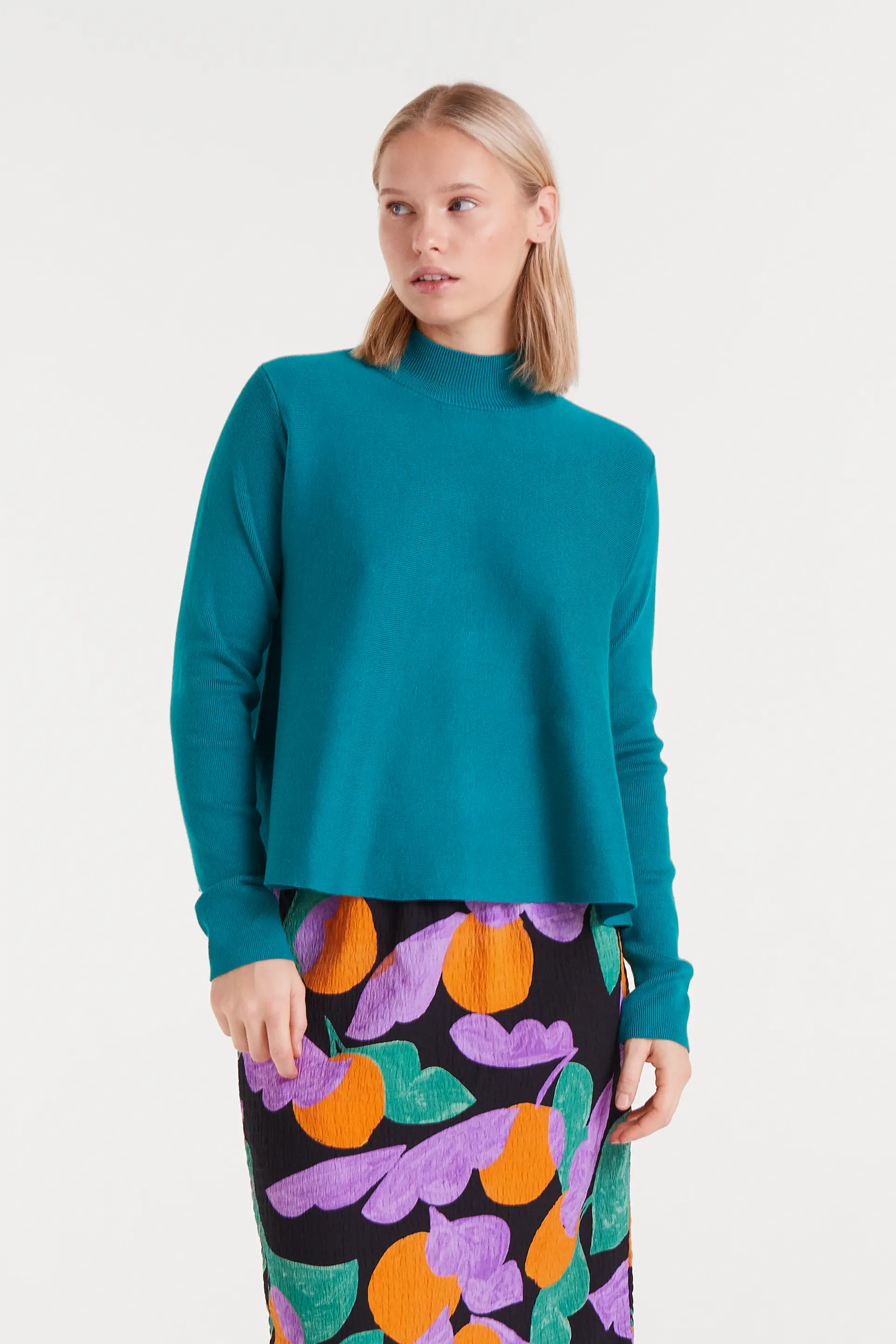 Jersey evasé cuello perkings turquesa