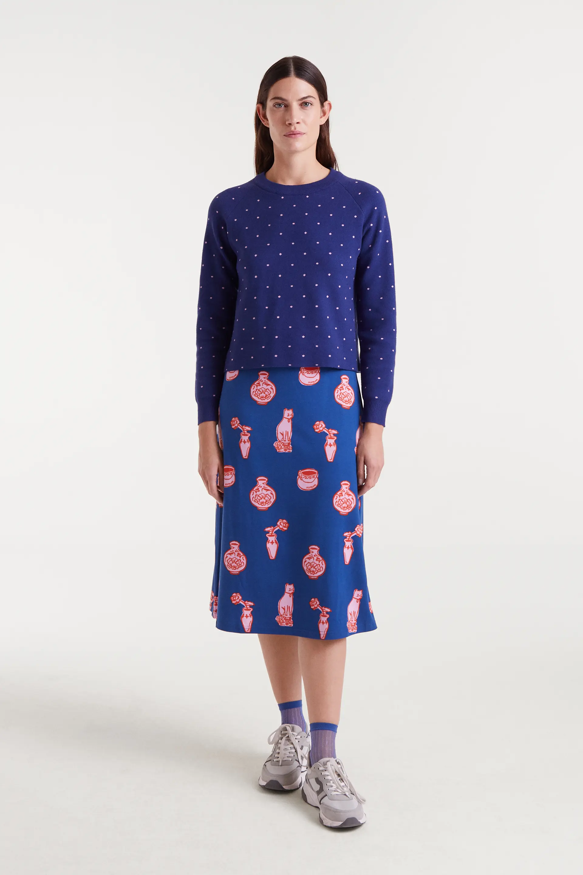Jersey punto jacquard estampado topos mini navy blue y rosa - Image 5