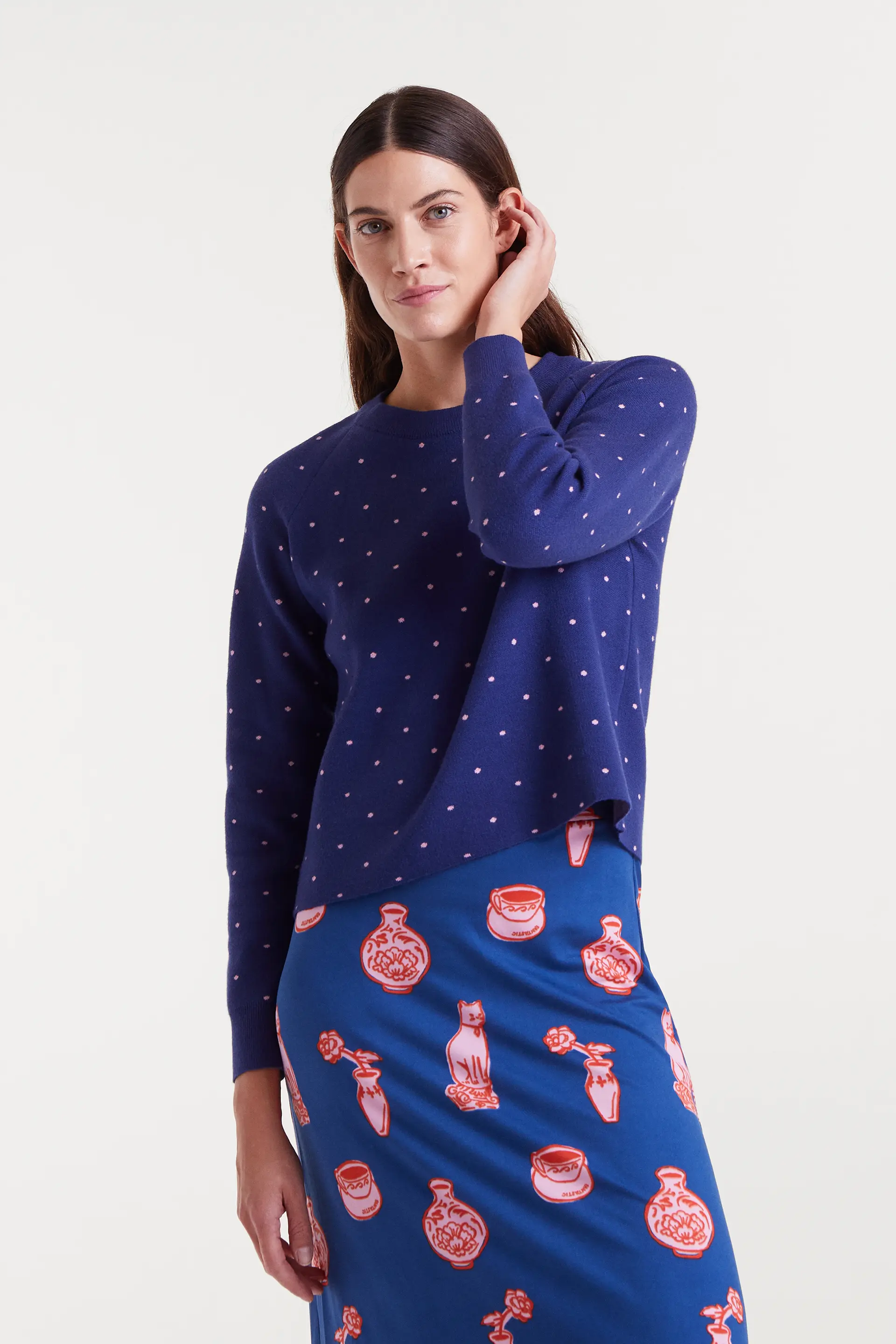 Jersey punto jacquard estampado topos mini navy blue y rosa - Image 6