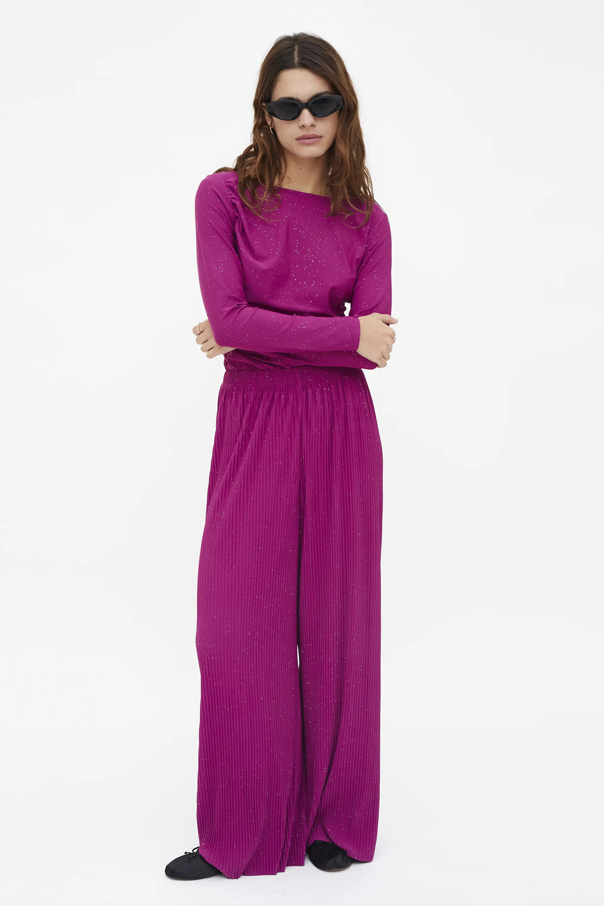 Pantalón crepé plisado con lúrex magenta - Image 5