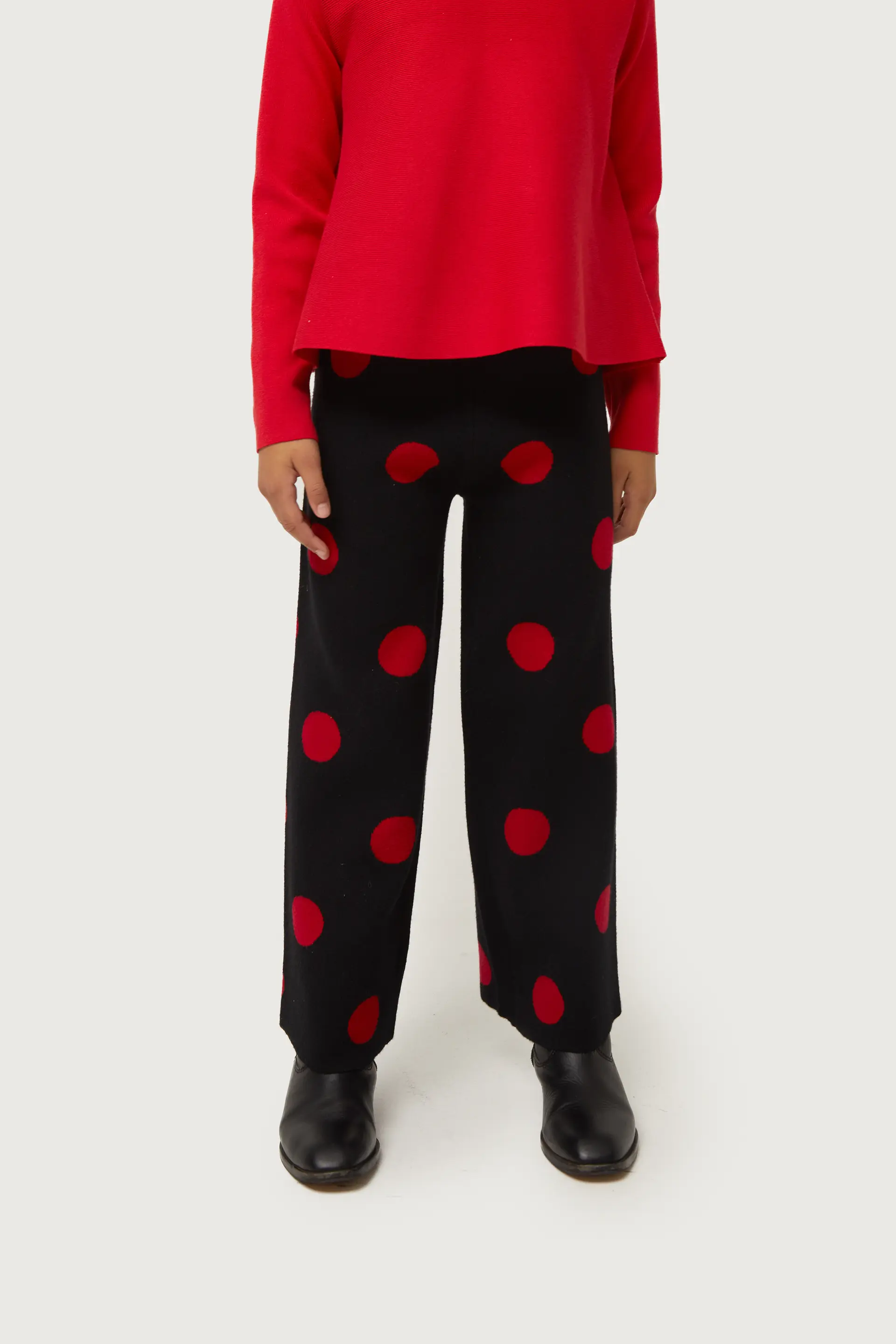 Pantalón de niña de punto jacquard estampado de lunares rojos - Image 3