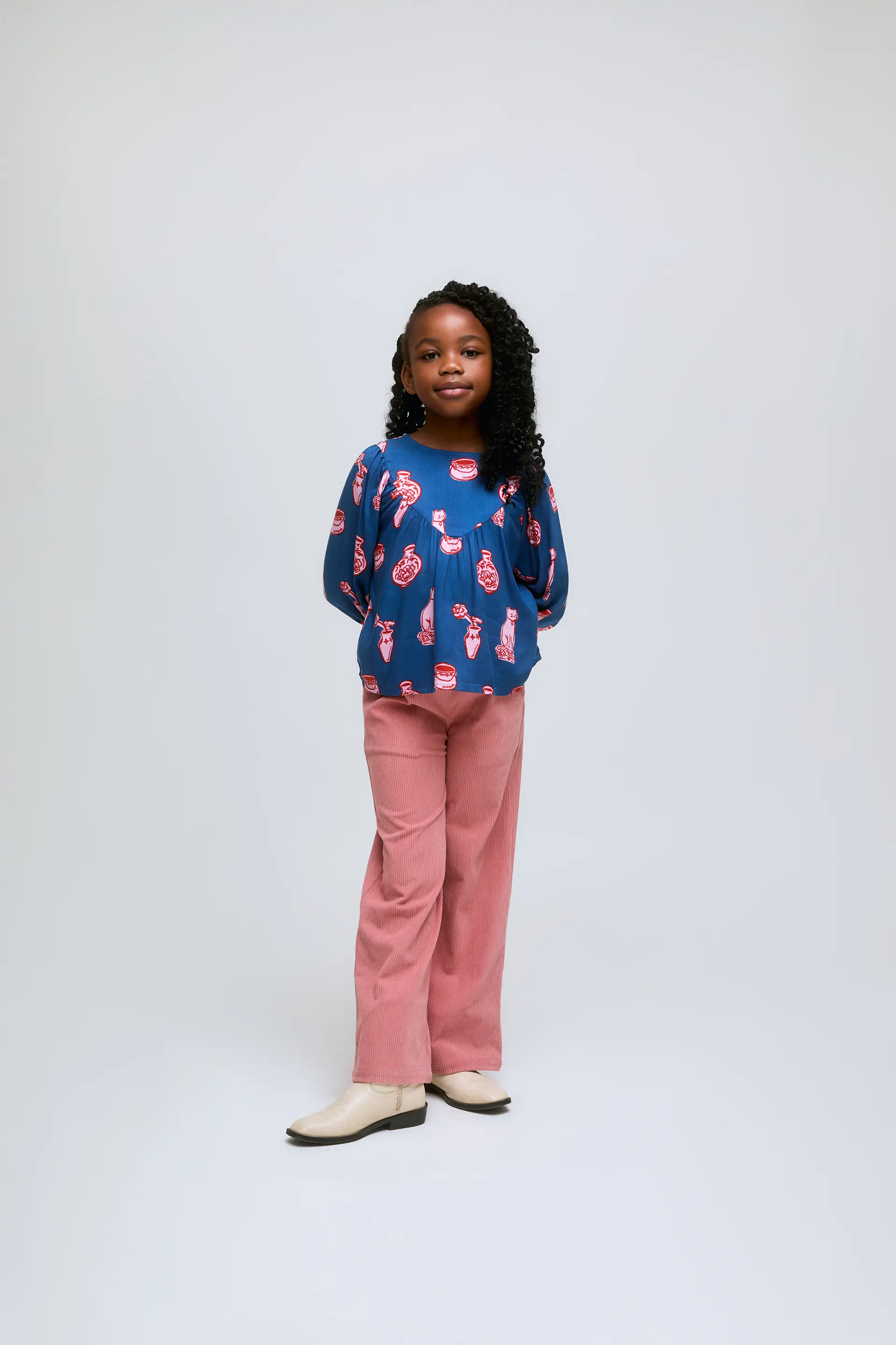 Top de niña azul de manga larga con estampado Porcelain
