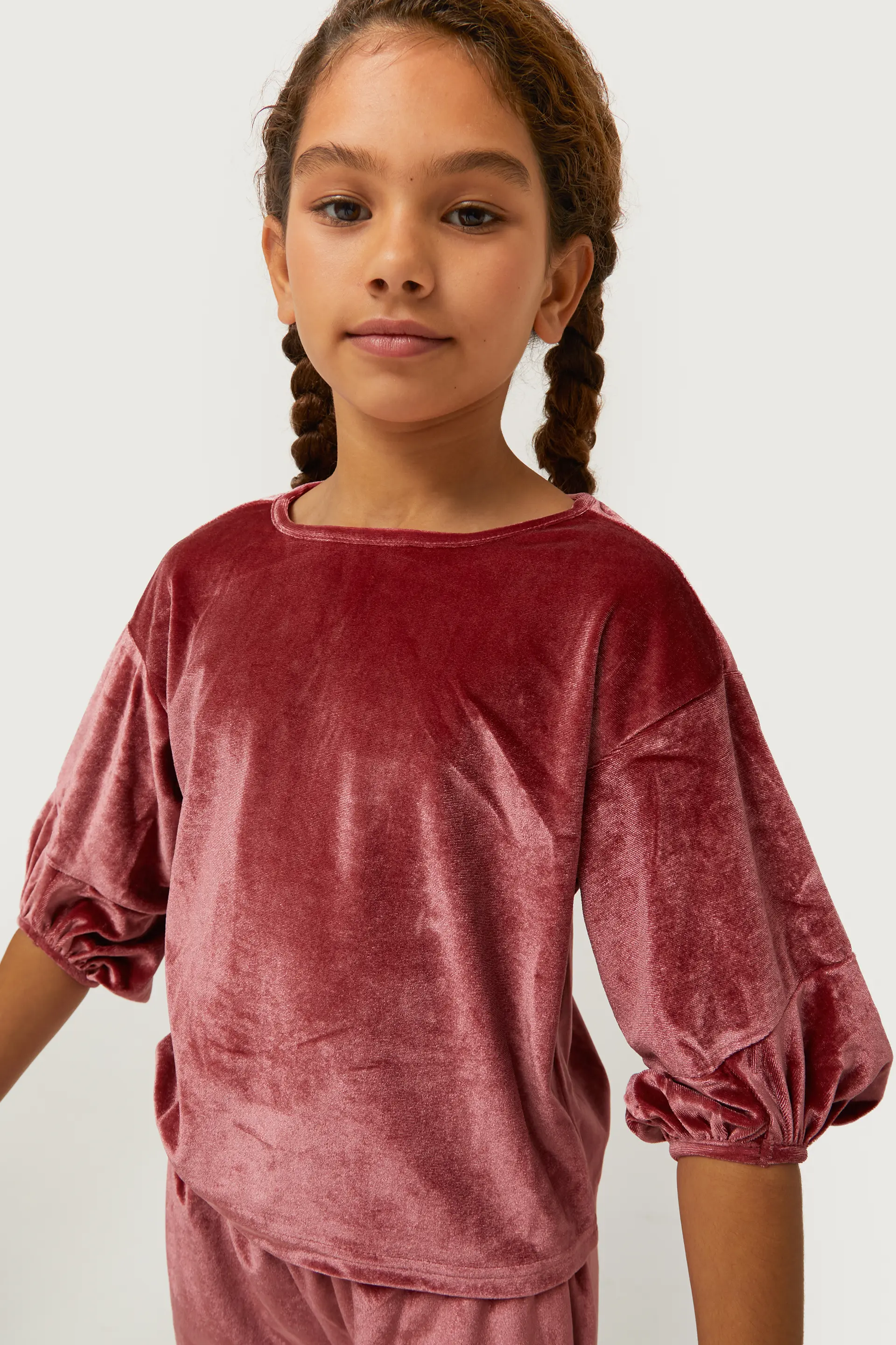 Top de niña de terciopelo manga abullonada rosa - Image 3