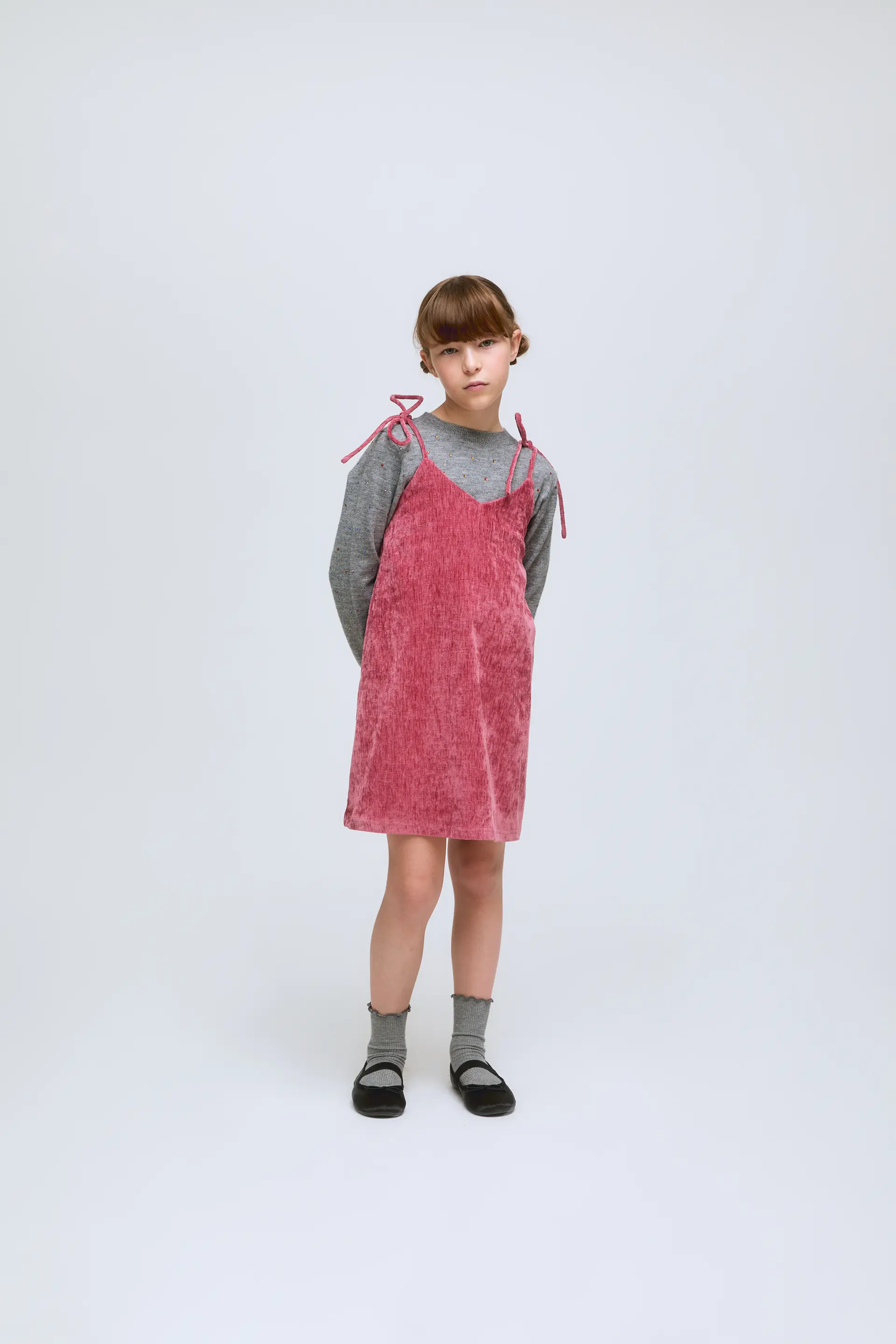 Vestido corto de niña de tirantes de pana rosa