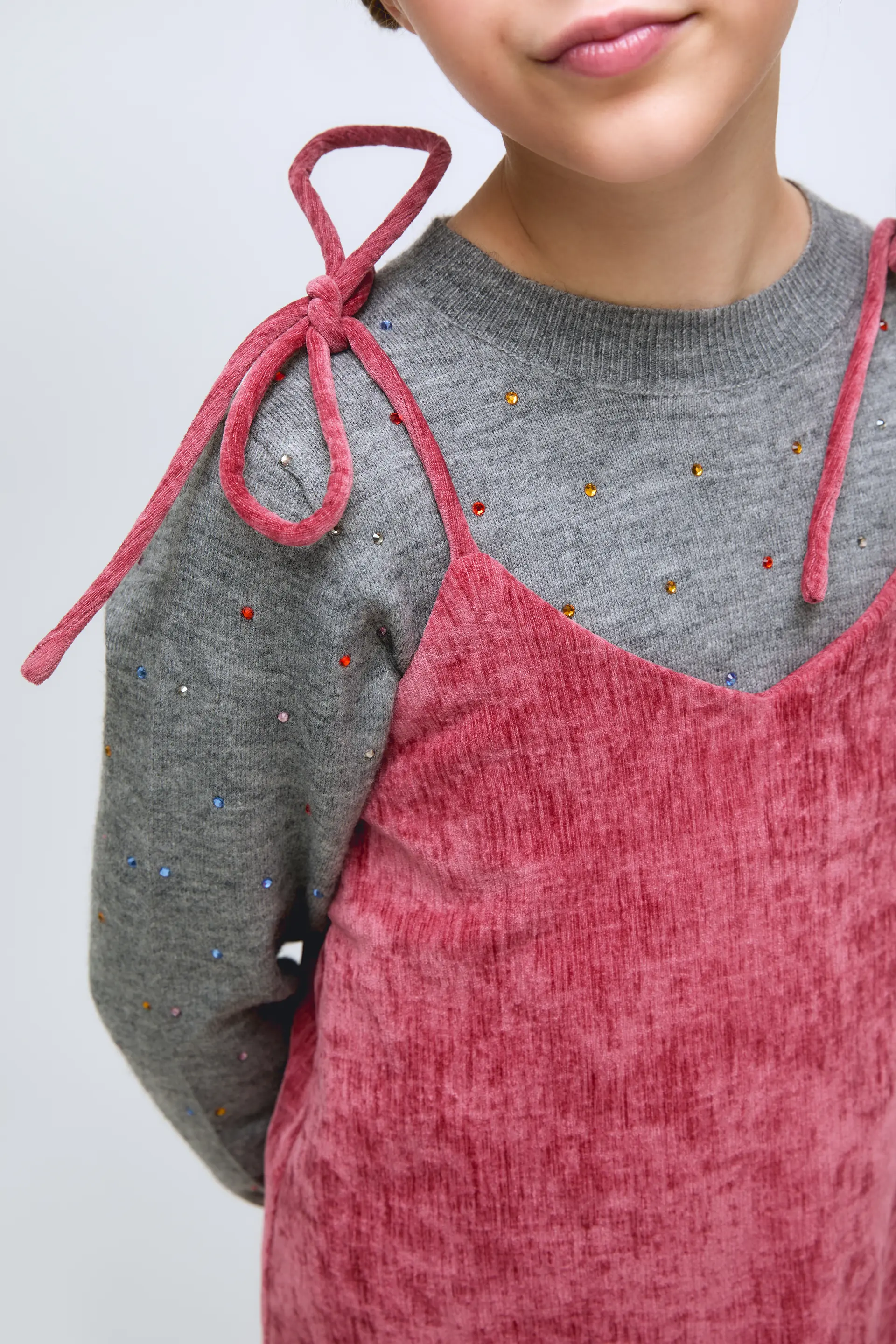 Vestido corto de niña de tirantes de pana rosa - Image 3