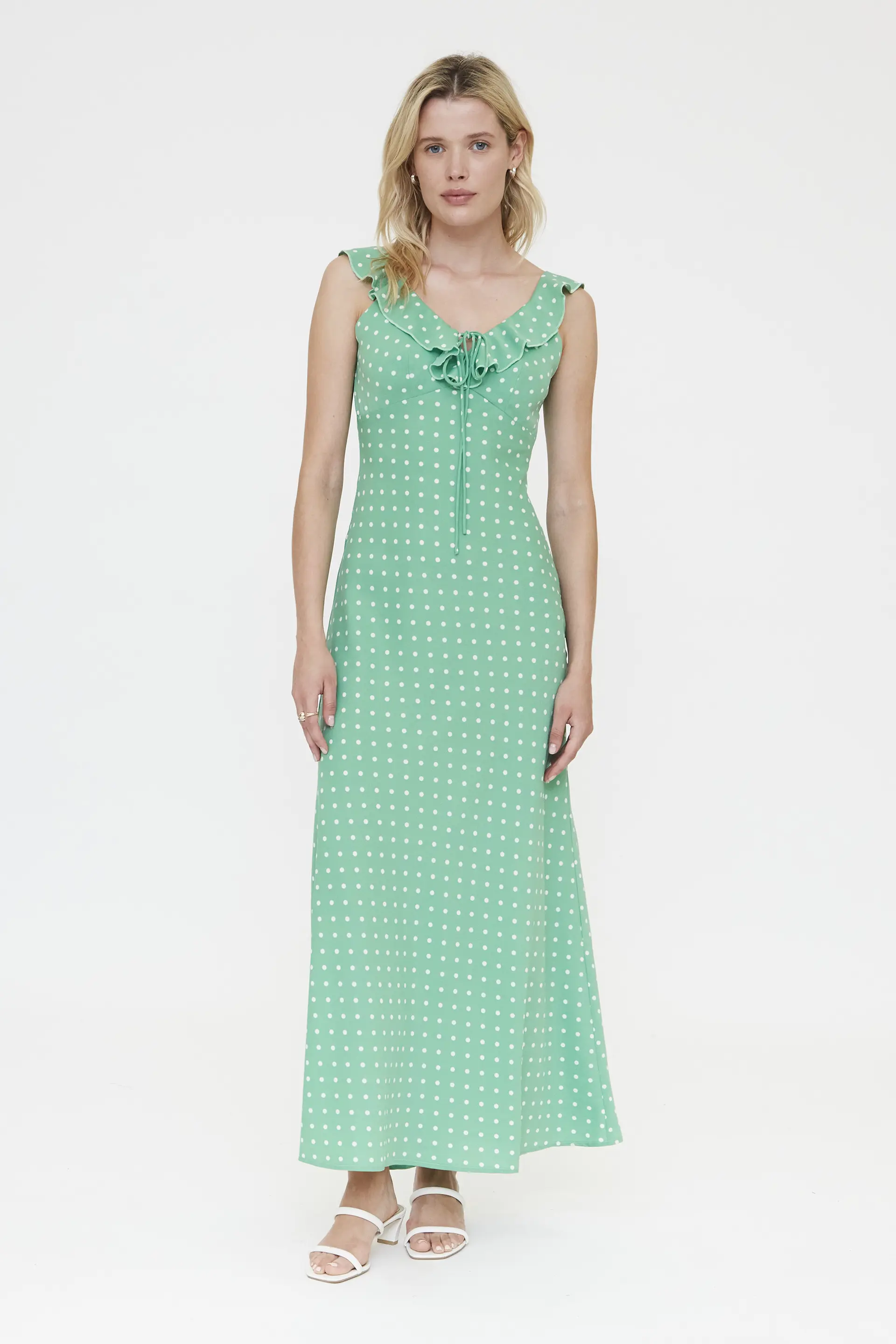 Vestido largo con estampado mini dots verde