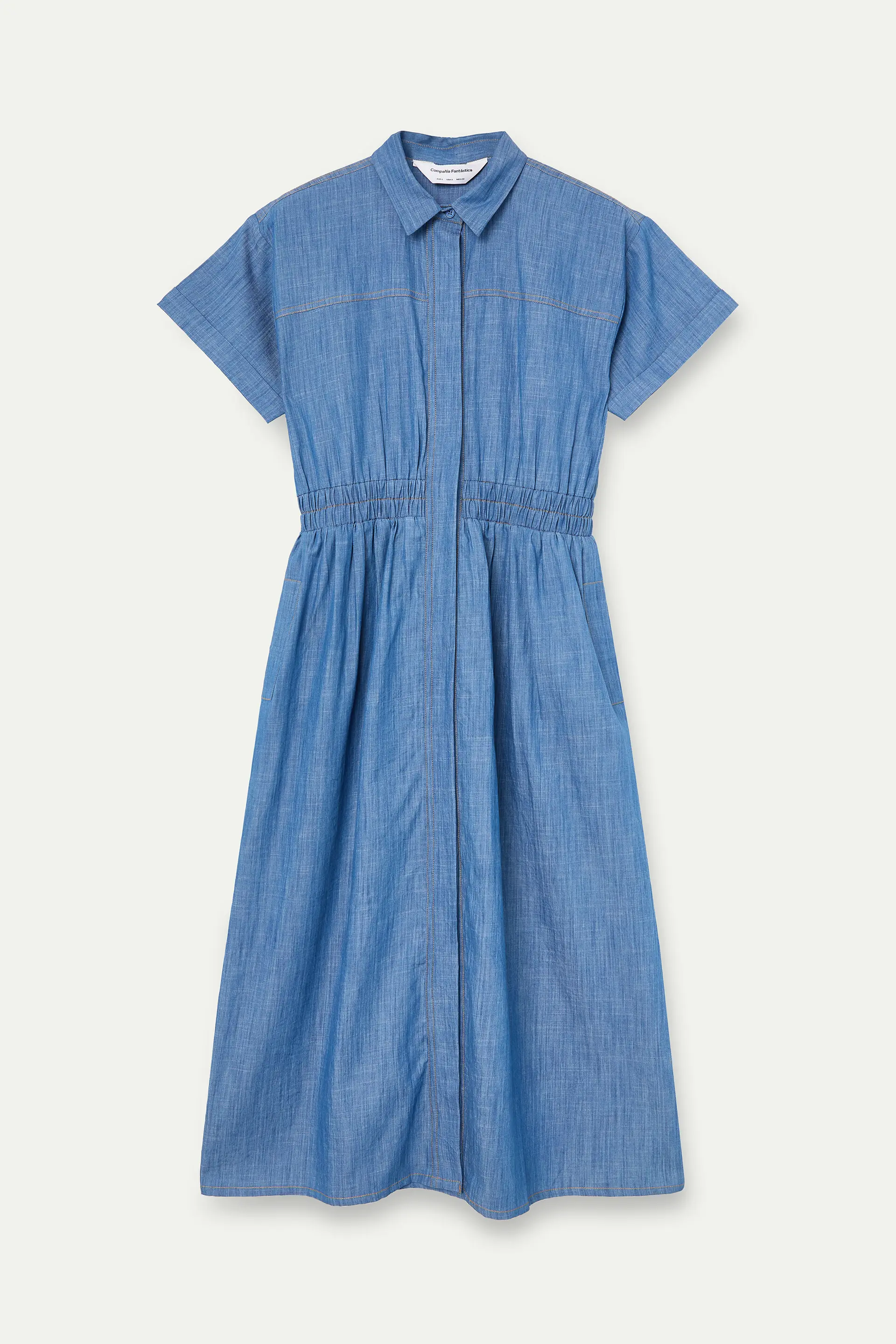 Vestido midi 100% algodón chambray azul claro manga corta - Image 2