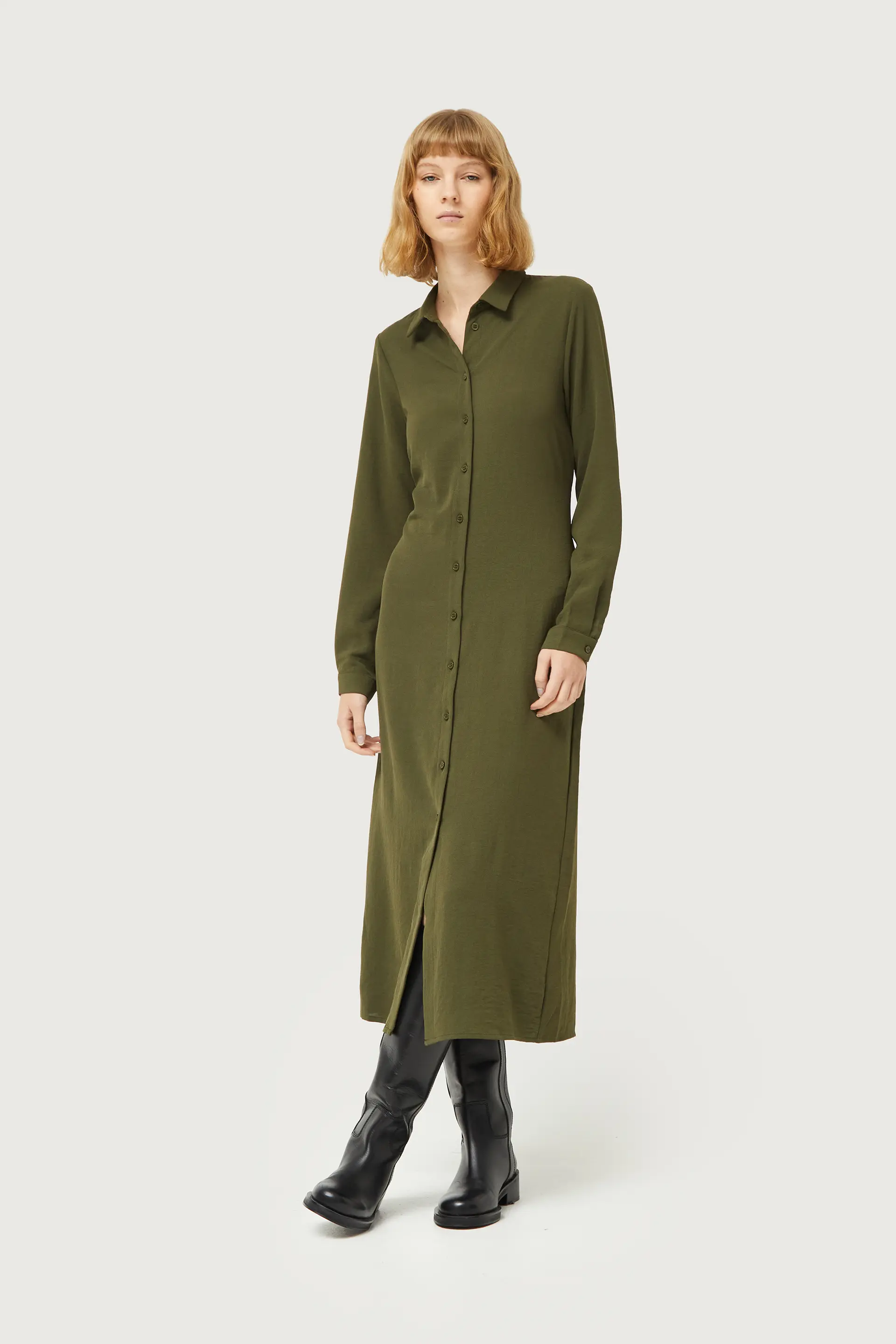 Vestido midi camisero verde caqui - Image 6