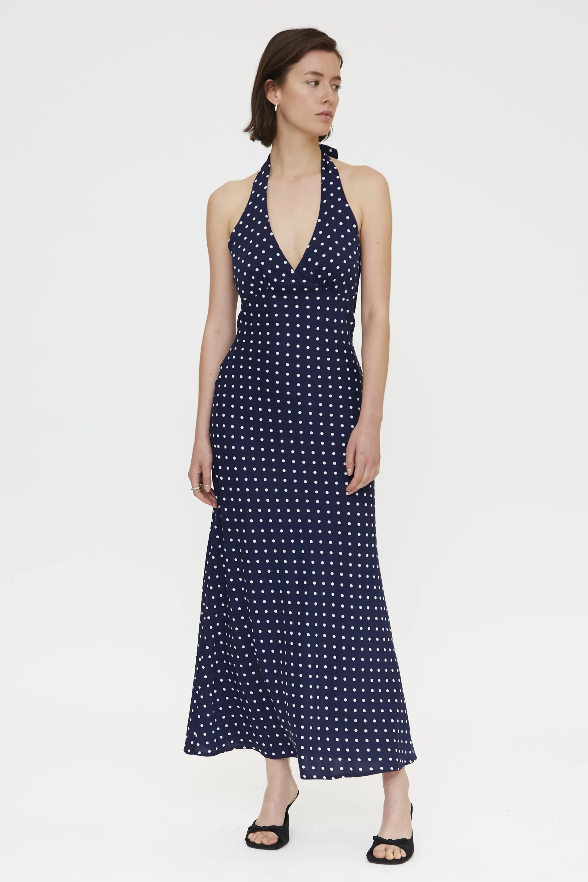 Vestido midi con estampado mini dots azul marino